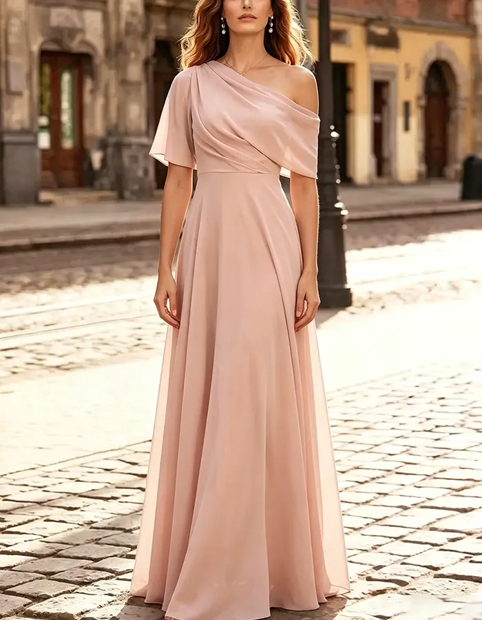 Pink Asymmetrical One Shoulder Ruched Chiffon Maxi Dress