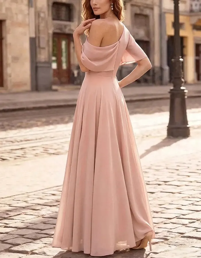 Pink Asymmetrical One Shoulder Ruched Chiffon Maxi Dress