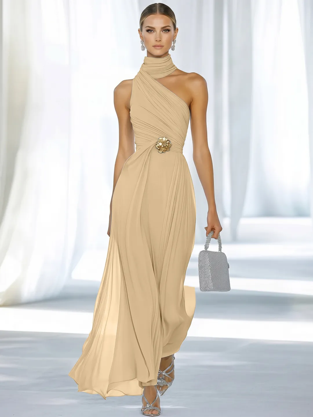 Sky Blue One-Shoulder High-Neck Ruched Chiffon Maxi Dress