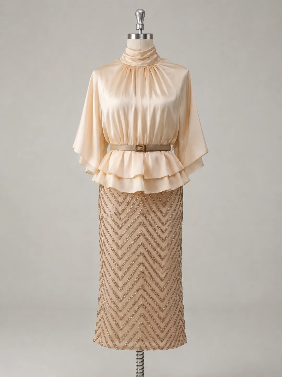 Women Apricot Ruffled Glitter Mock Neck Half Sleeve Bell Sleeve Elegant Top With Skirt Two-Piece Set
