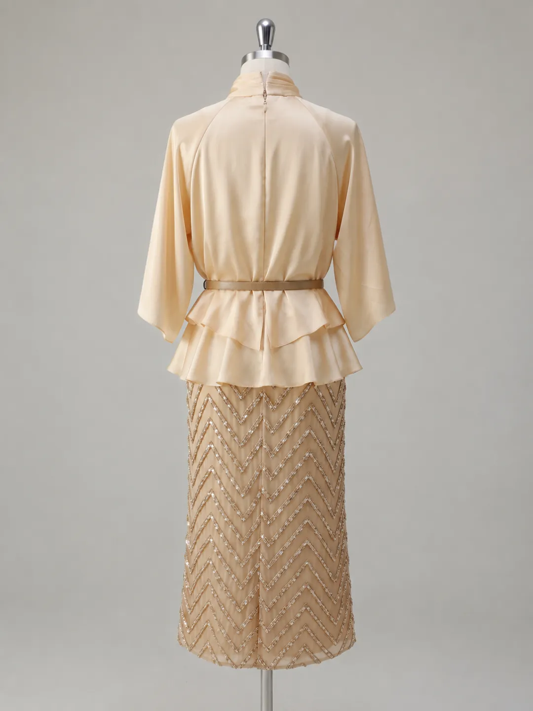 Women Apricot Ruffled Glitter Mock Neck Half Sleeve Bell Sleeve Elegant Top With Skirt Two-Piece Set