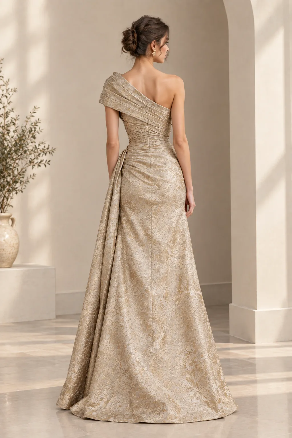 One Shoulder Gold Jacquard Evening Dress With Side Slit