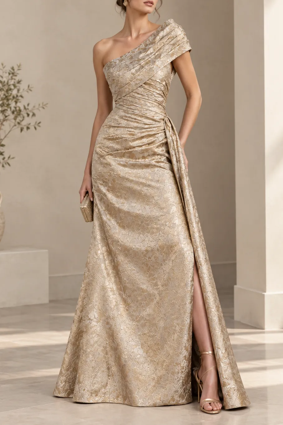 One Shoulder Gold Jacquard Evening Dress With Side Slit