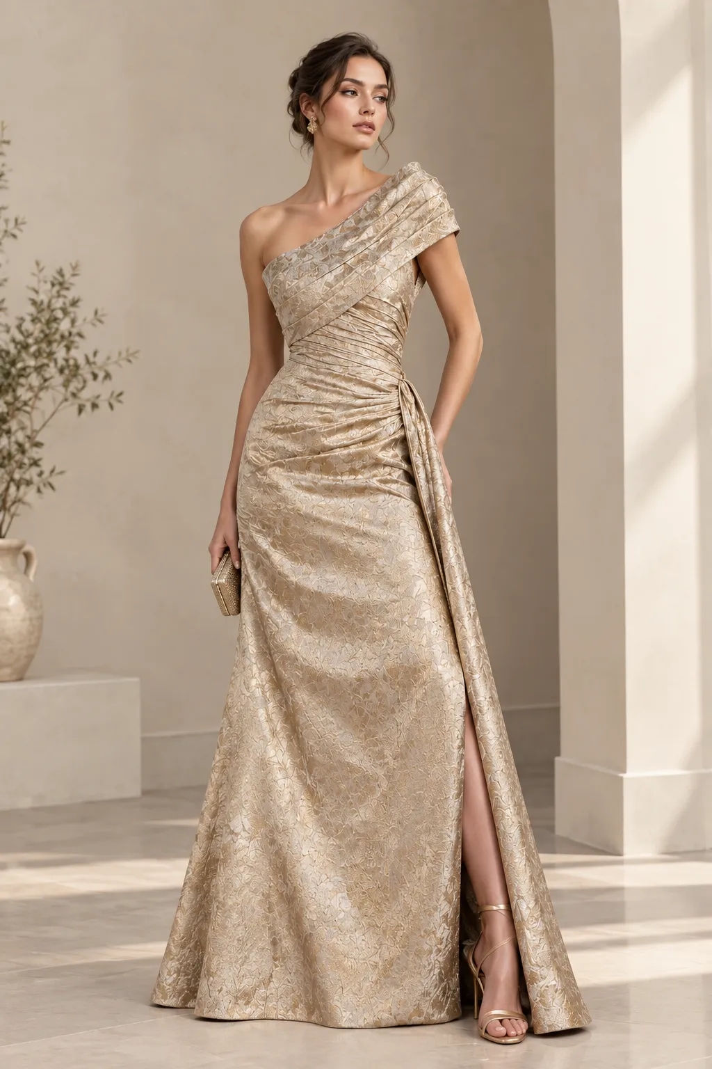 One Shoulder Gold Jacquard Evening Dress With Side Slit