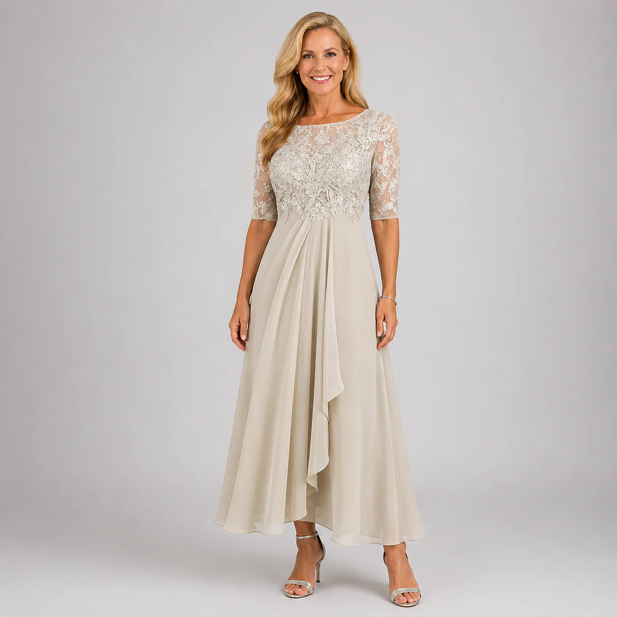 High-Quality Soft Fabric for Wedding Guests Mother of the Bride Dress Tea Length Elegant A-Line Chiffon Gown with Scoop Neck 1/2 Sleeves & Lace Appliques