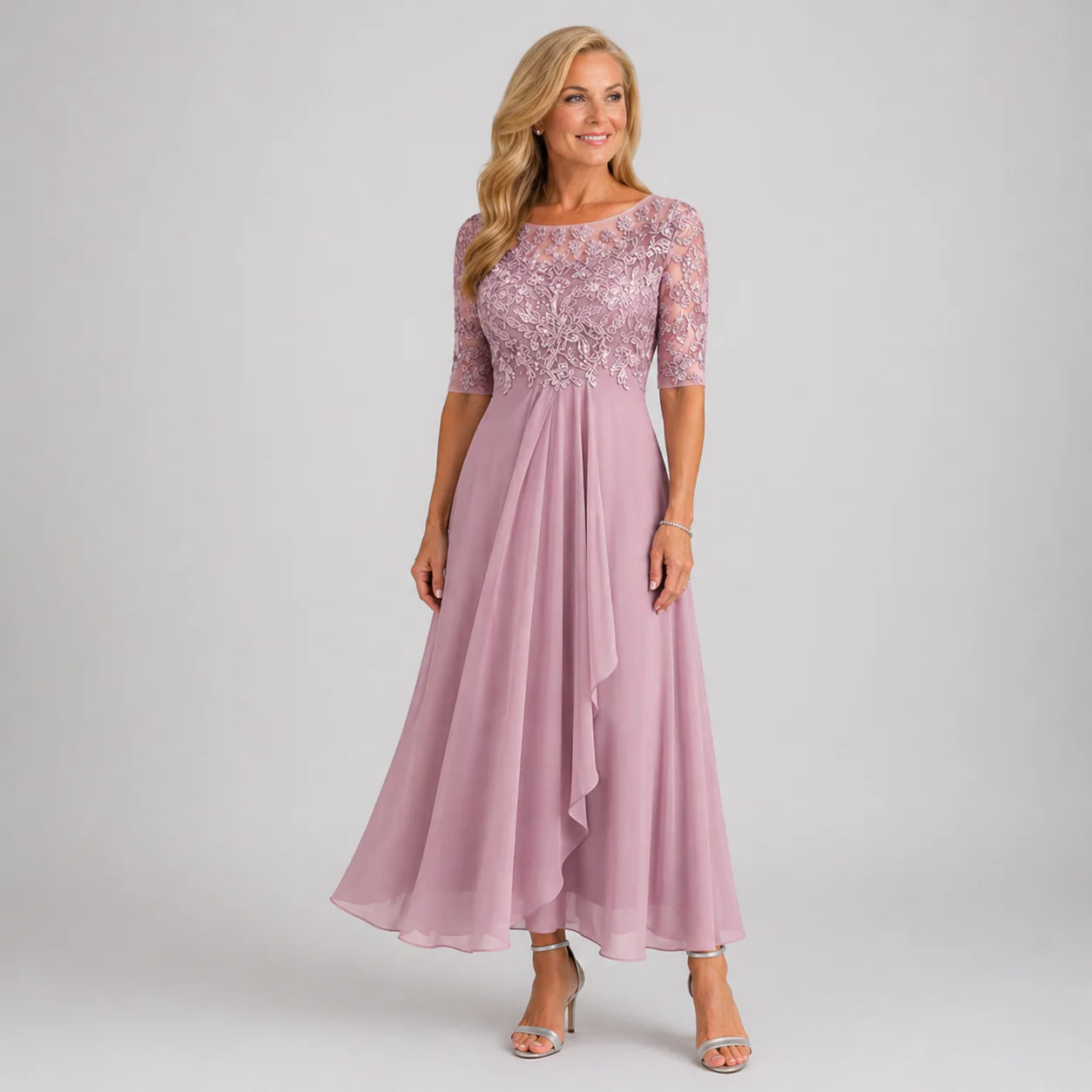High-Quality Soft Fabric for Wedding Guests Mother of the Bride Dress Tea Length Elegant A-Line Chiffon Gown with Scoop Neck 1/2 Sleeves & Lace Appliques