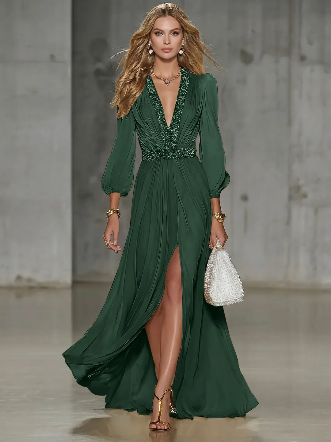 Elegant Beige Chiffon V-neck With Sequins Embellishments And A Side Slit Maxi Dress