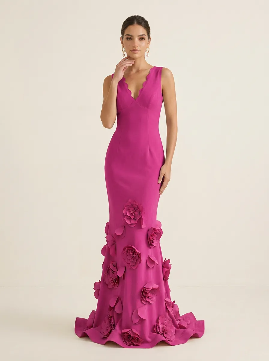 V-Neck Scalloped Mermaid Gown with 3D Floral Accents Evening Dresses