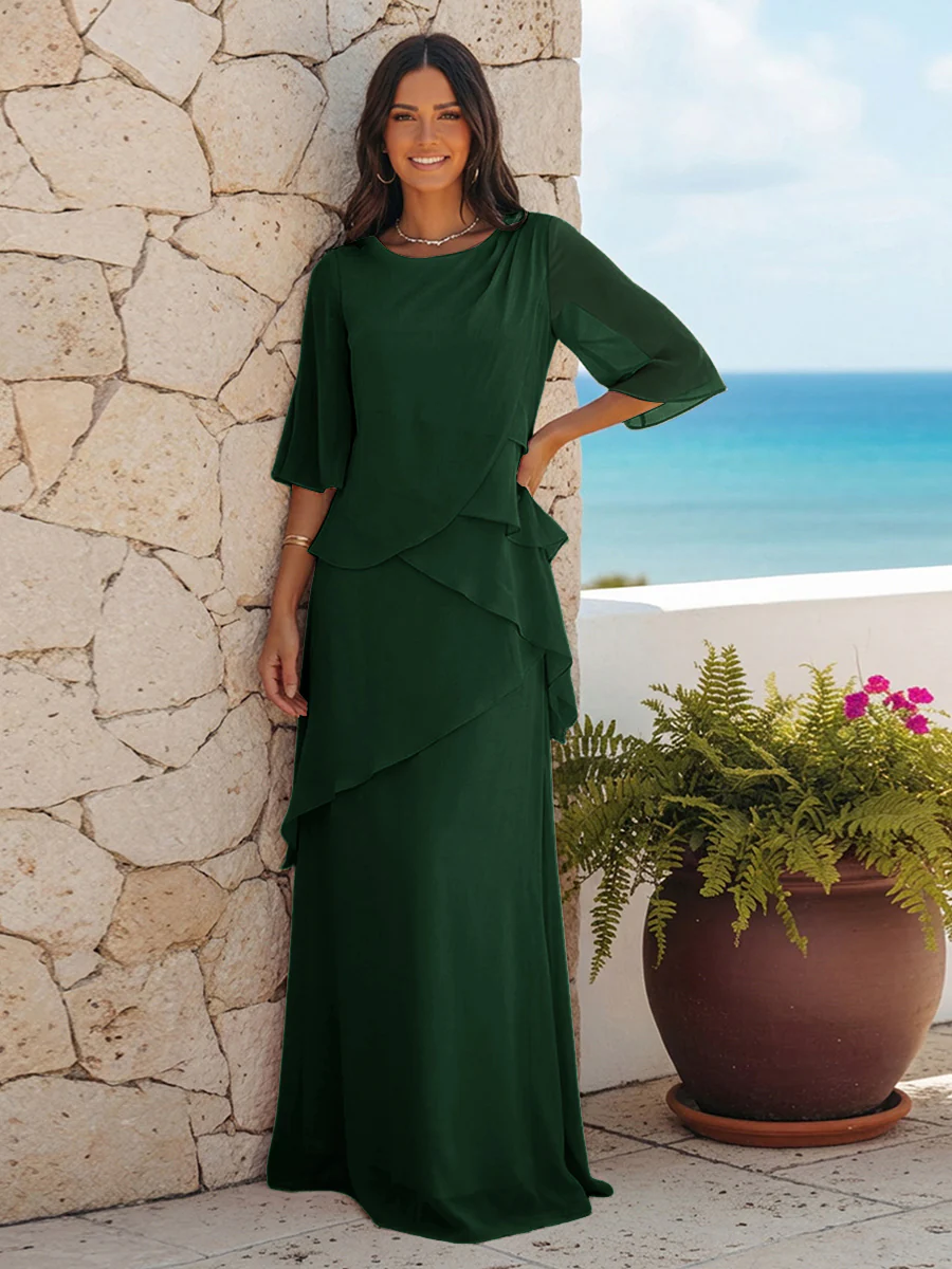 A Line Scoop Half Sleeves Simple Mother of the Bride Dresses with Ruffles