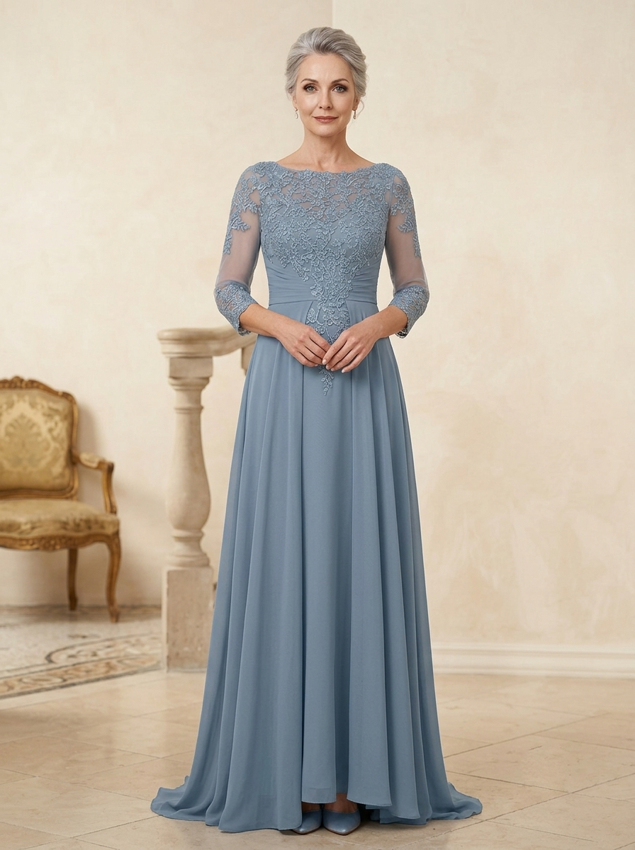 Timeless Embroidered Lace and Chiffon Column Gown