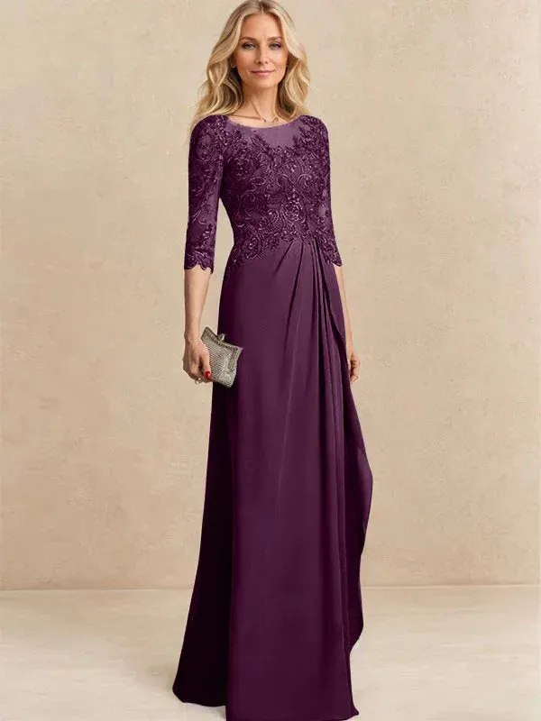 A-line Scoop Illusion Floor-Length Chiffon Lace Mother of the Bride Dress With Beading Sequins Cascading Ruffles