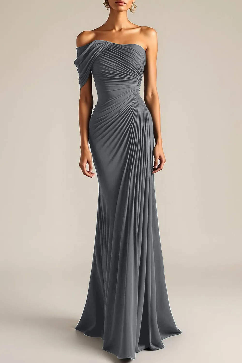 Evening Formal Dress Green Sheath One Shoulder Maxi Dress