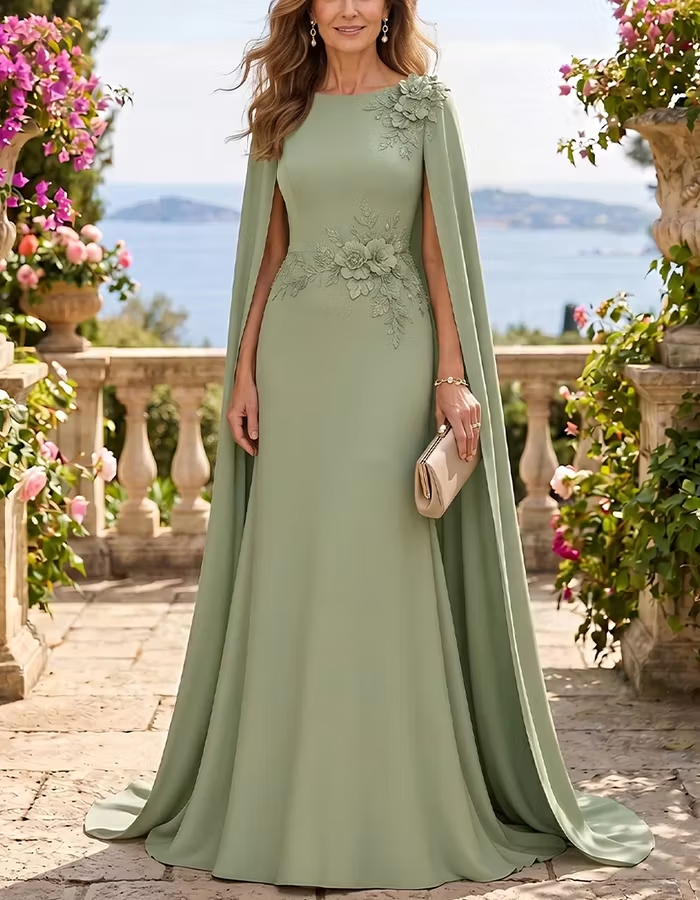 Round Neck Cape Sleeve 3D Floral Maxi Dress