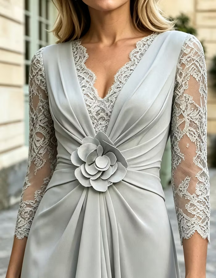Solid-color Lace-trimmed V-neck 3/4 Sleeve Chiffon Maxi Dress