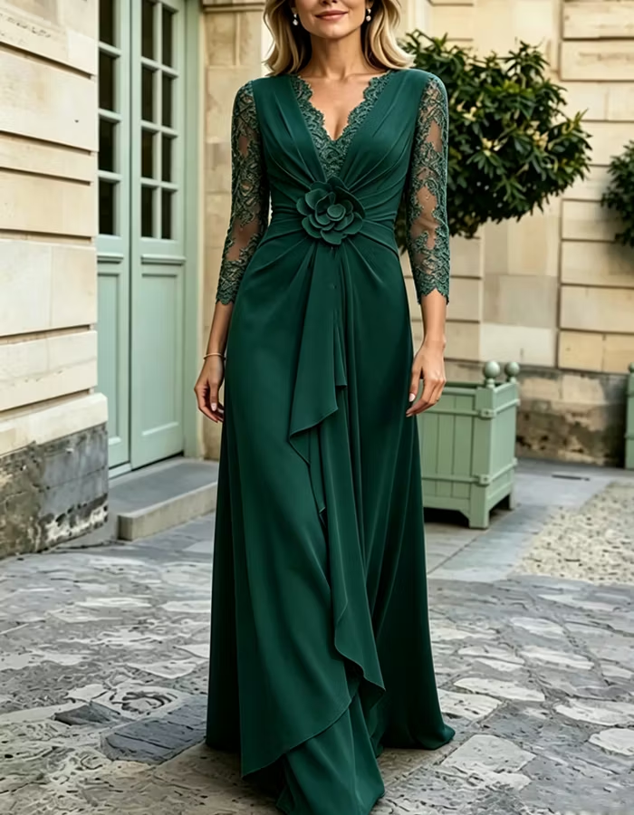 Solid-color Lace-trimmed V-neck 3/4 Sleeve Chiffon Maxi Dress