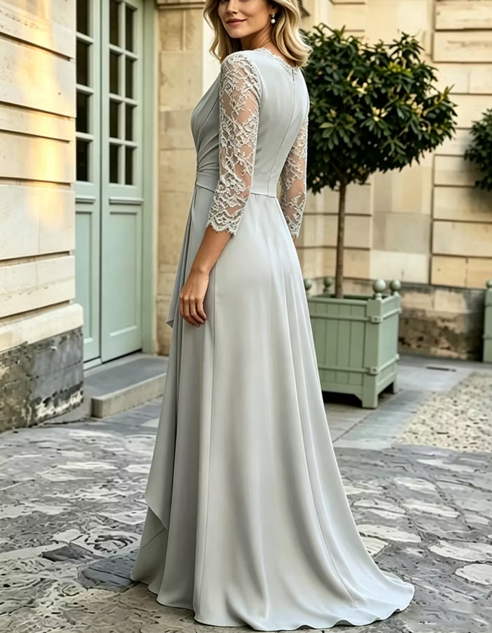 Solid-color Lace-trimmed V-neck 3/4 Sleeve Chiffon Maxi Dress