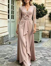 Solid-color Lace-trimmed V-neck 3/4 Sleeve Chiffon Maxi Dress