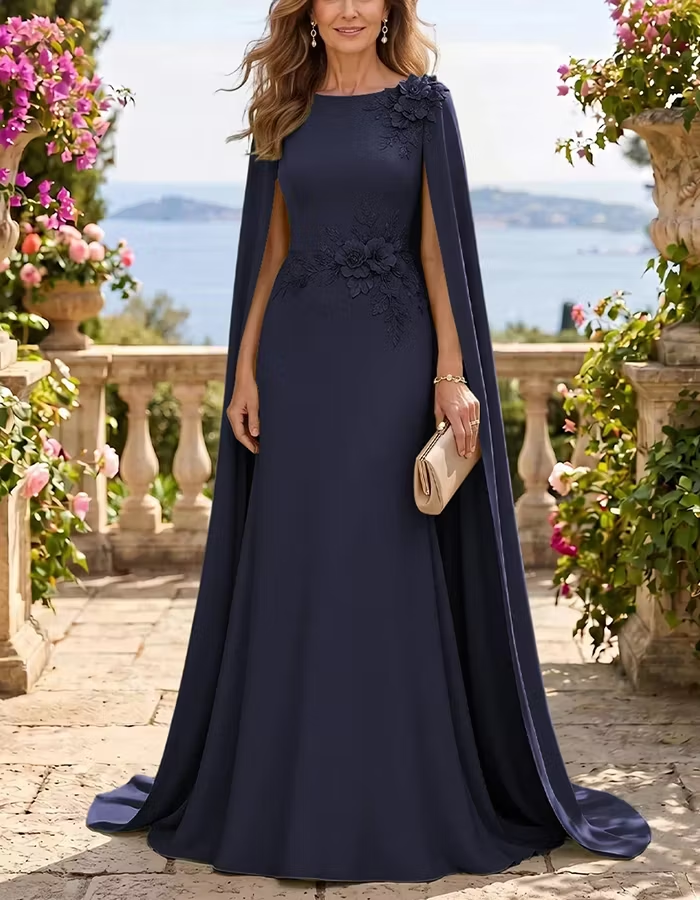Round Neck Cape Sleeve 3D Floral Maxi Dress