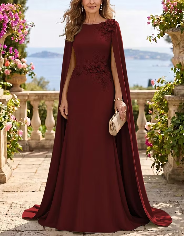 Round Neck Cape Sleeve 3D Floral Maxi Dress