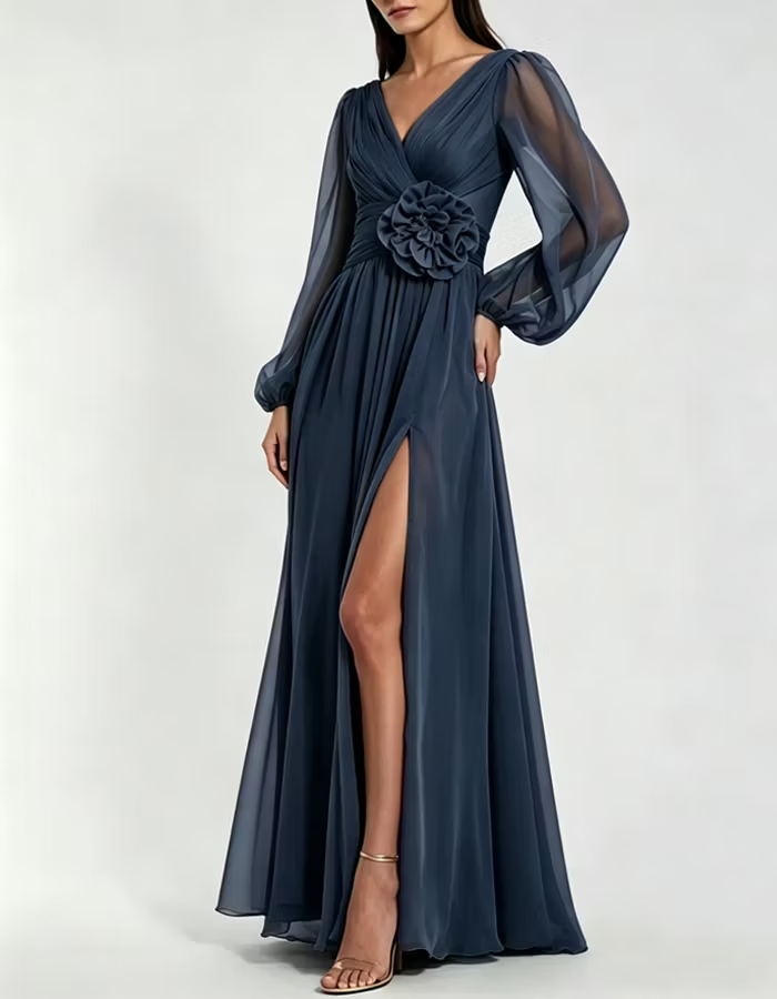V‑Neck 3D Floral Long Sleeve Chiffon Maxi Dress