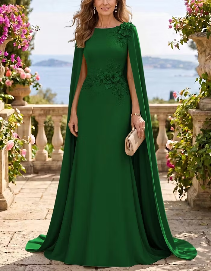 Round Neck Cape Sleeve 3D Floral Maxi Dress