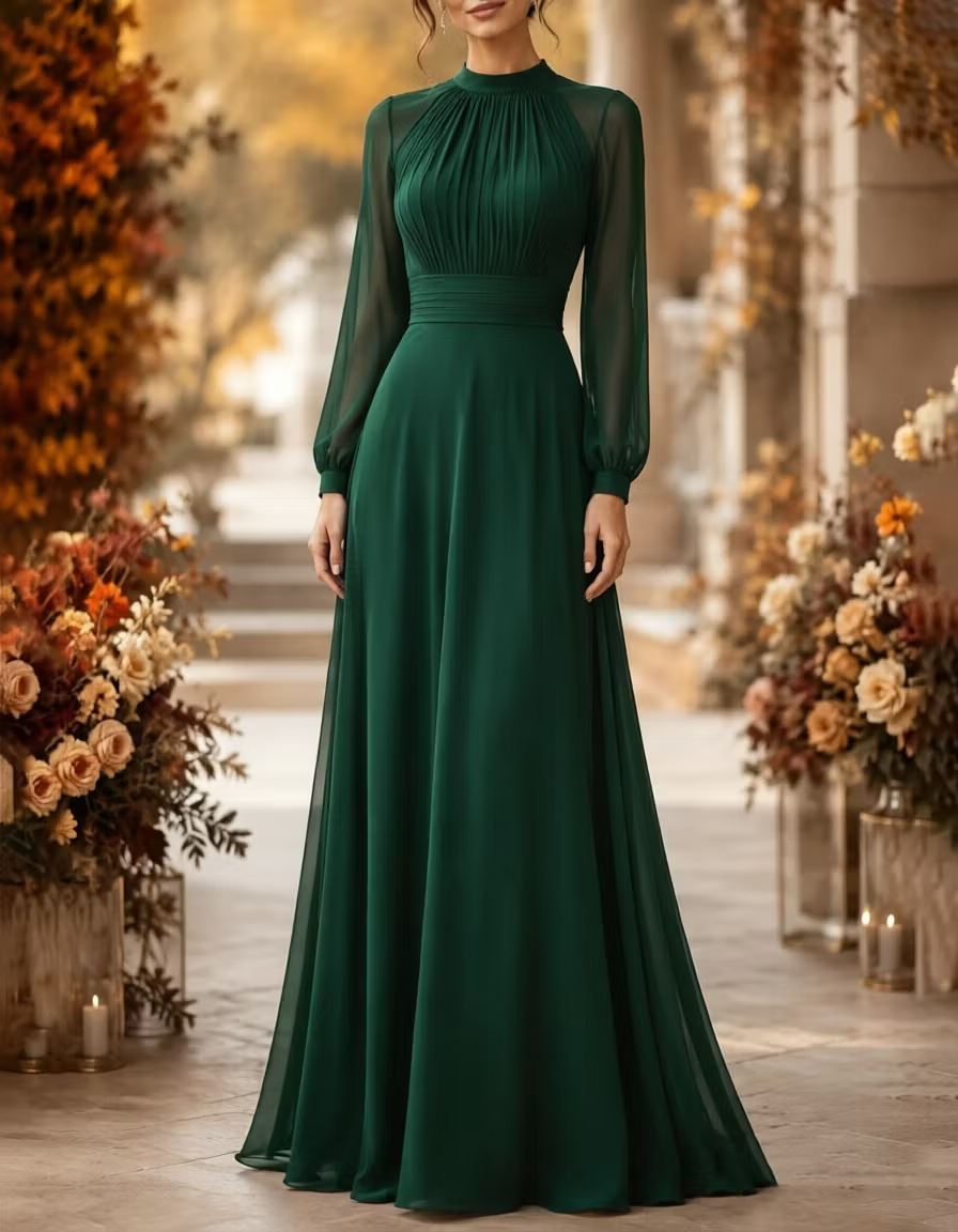 High‑Neck Pleated Chiffon Long Puff‑Sleeve A‑Line Maxi Dress