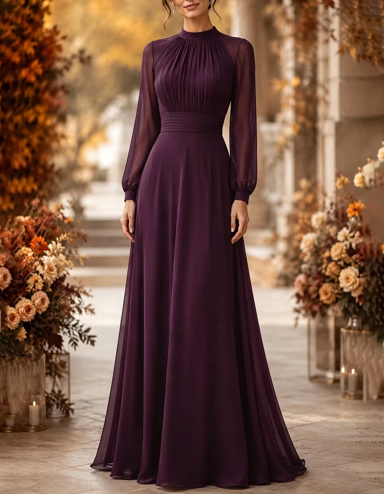High‑Neck Pleated Chiffon Long Puff‑Sleeve A‑Line Maxi Dress