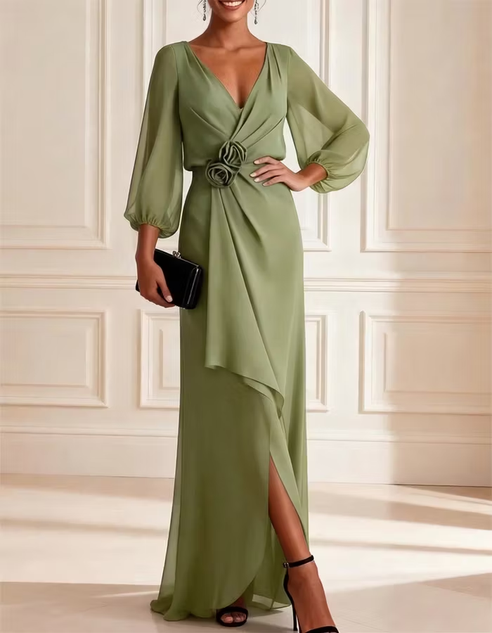 Sage Green Chiffon V-neck Puff Sleeve Maxi Dress