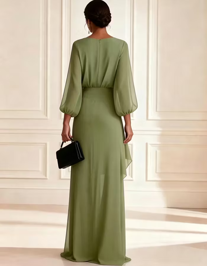 Sage Green Chiffon V-neck Puff Sleeve Maxi Dress