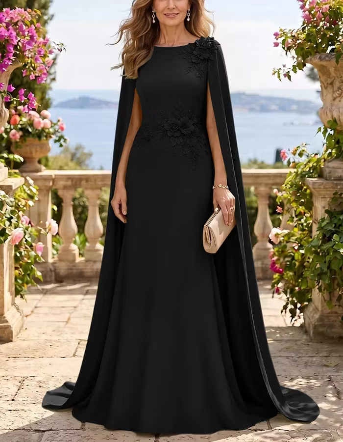 Round Neck Cape Sleeve 3D Floral Maxi Dress