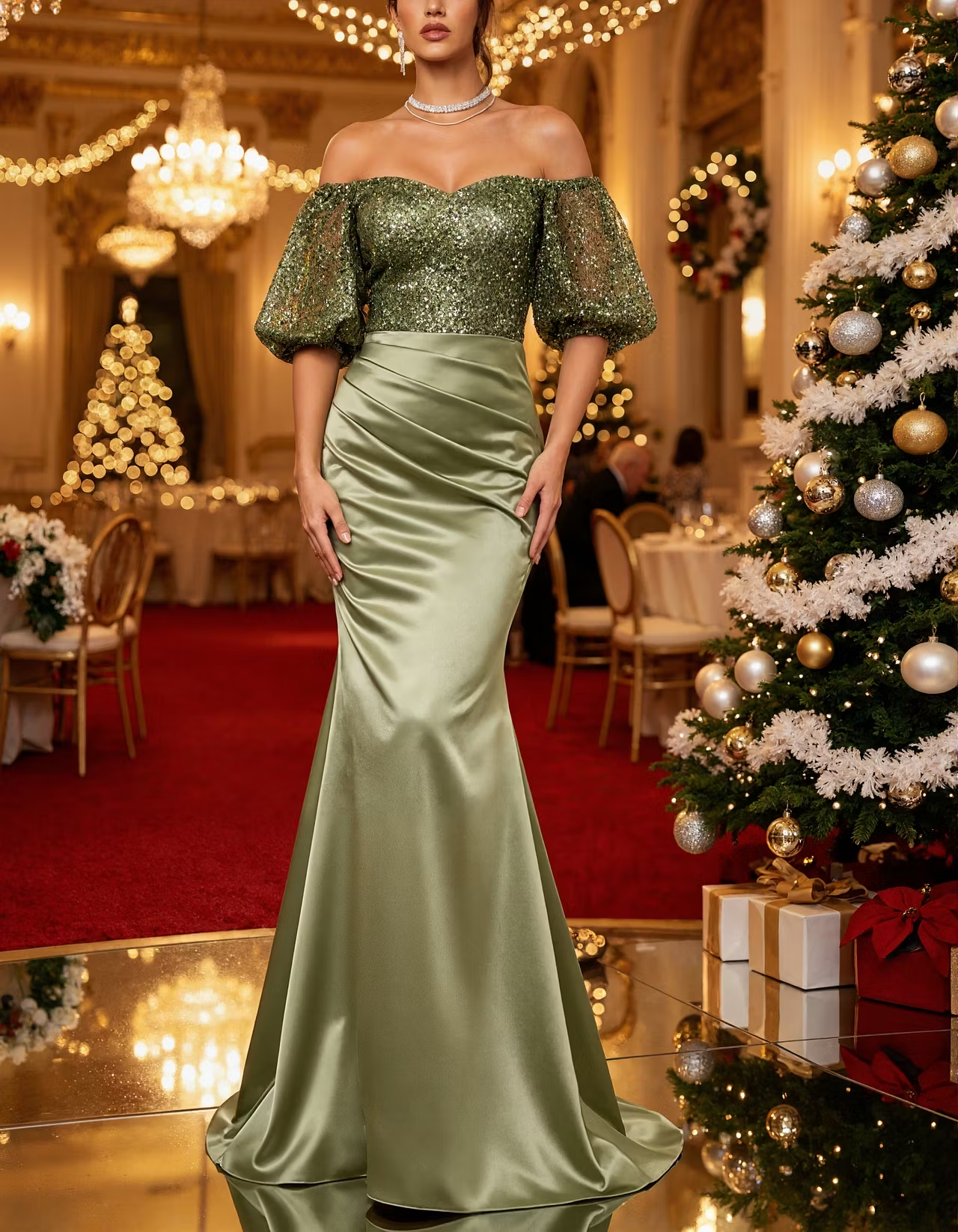 Sage Green Satin Sequined Strapless Maxi Dress