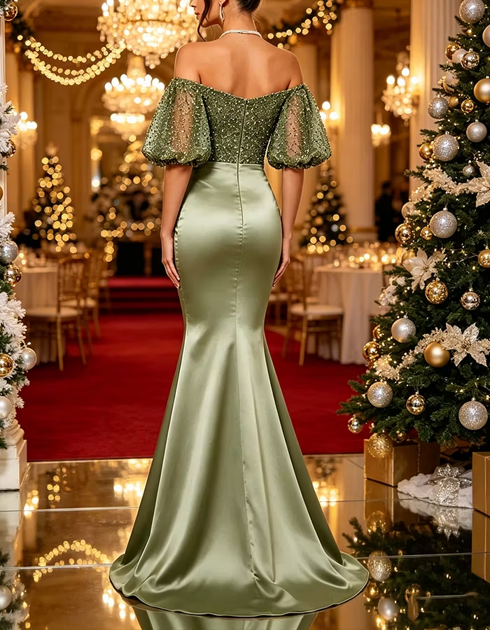 Sage Green Satin Sequined Strapless Maxi Dress