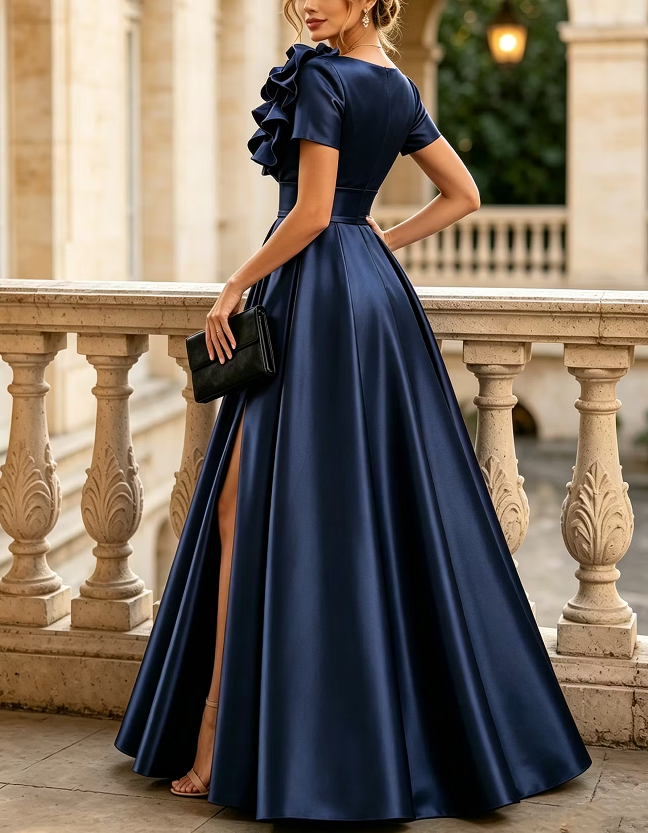 Deep V-neck Short-sleeved 3D Ruffled Floral Satin Maxi Dress