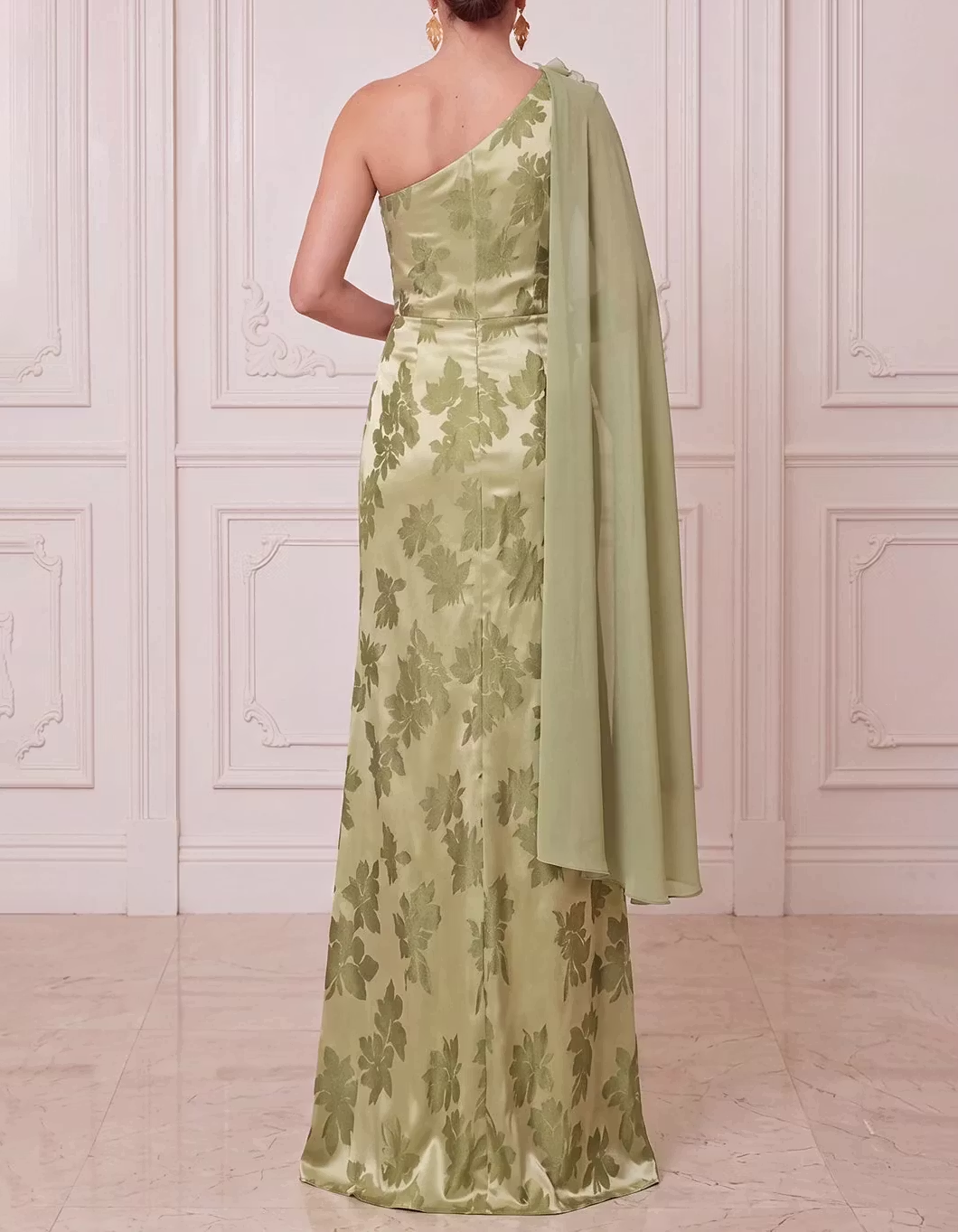 One Shoulder 3D Floral Chiffon Cape Printed Satin A-Line Evening Maxi Dress