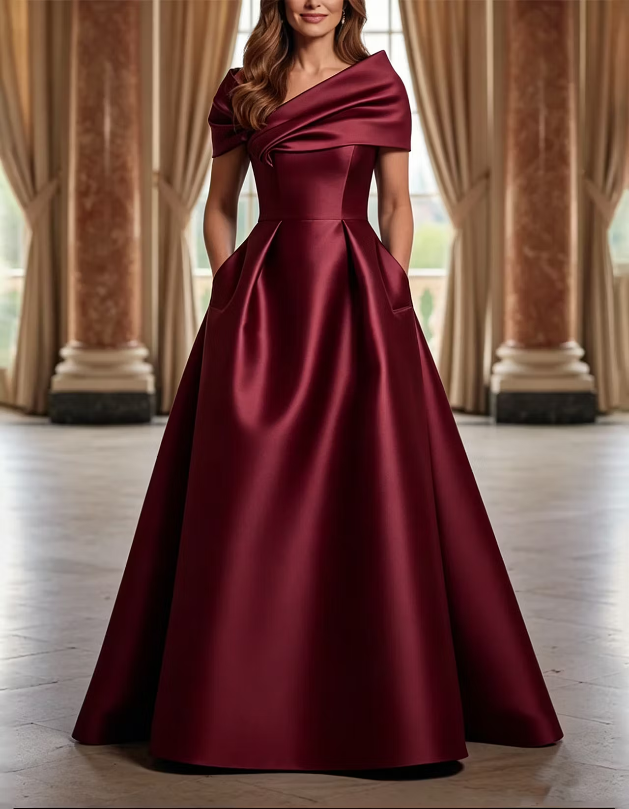 Green Asymmetric Draped Satin A-LineMaxi Dress