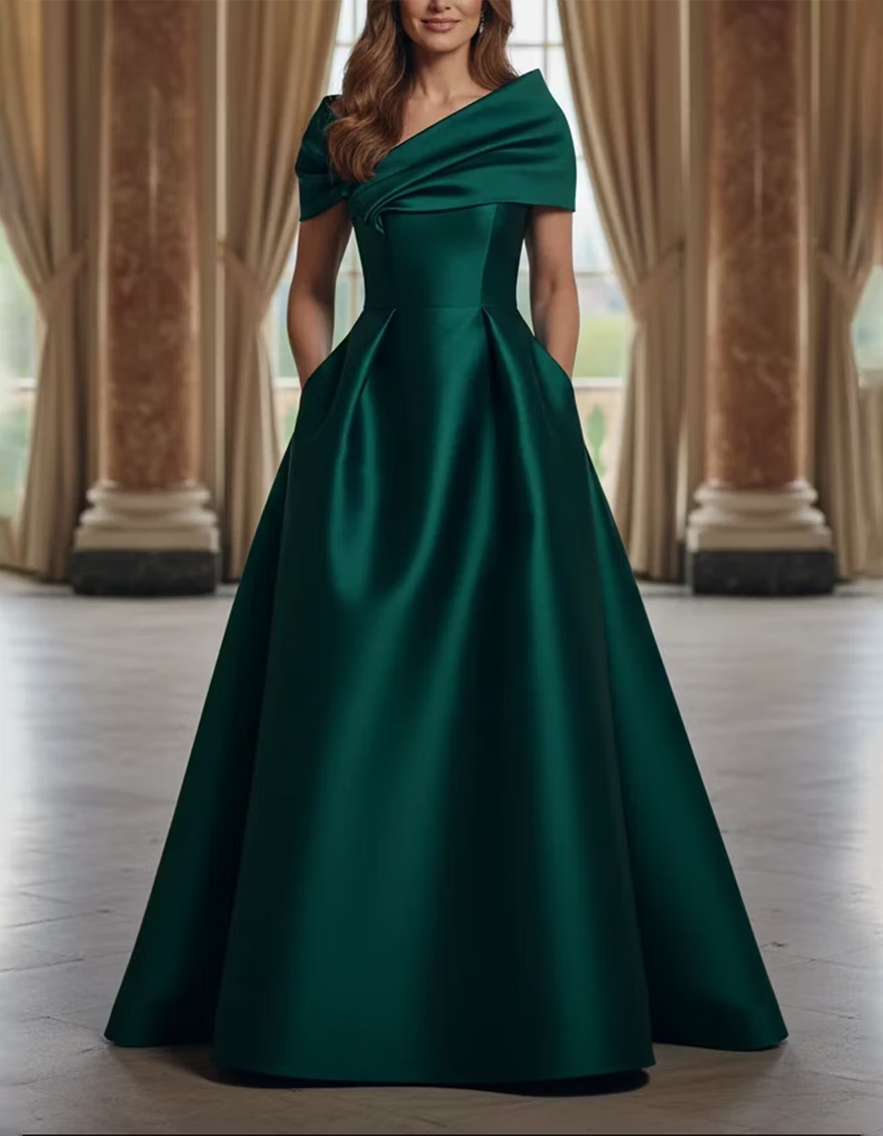 Green Asymmetric Draped Satin A-LineMaxi Dress