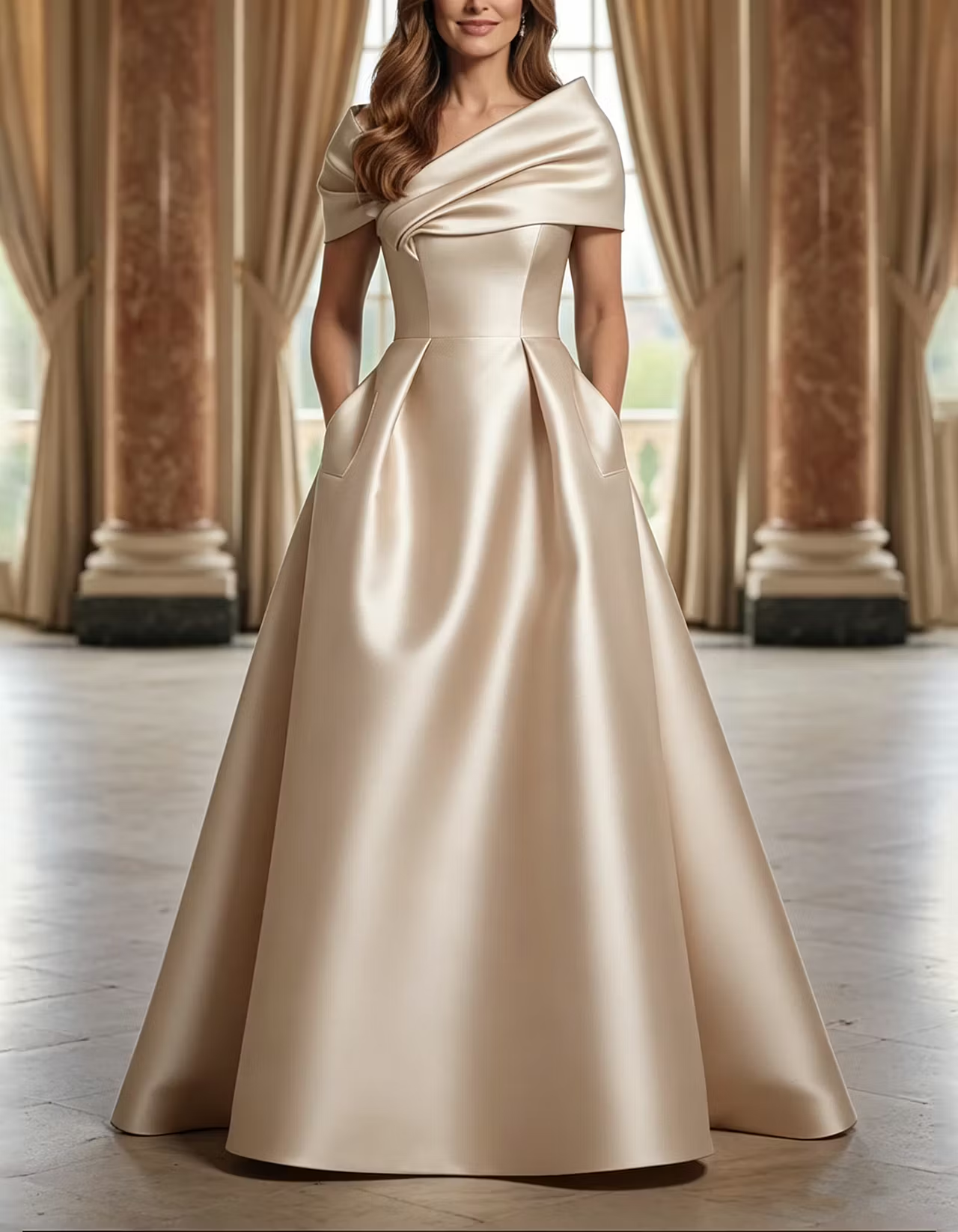 Green Asymmetric Draped Satin A-LineMaxi Dress