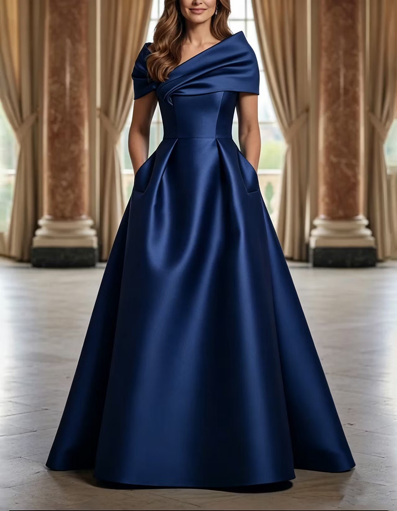Green Asymmetric Draped Satin A-LineMaxi Dress