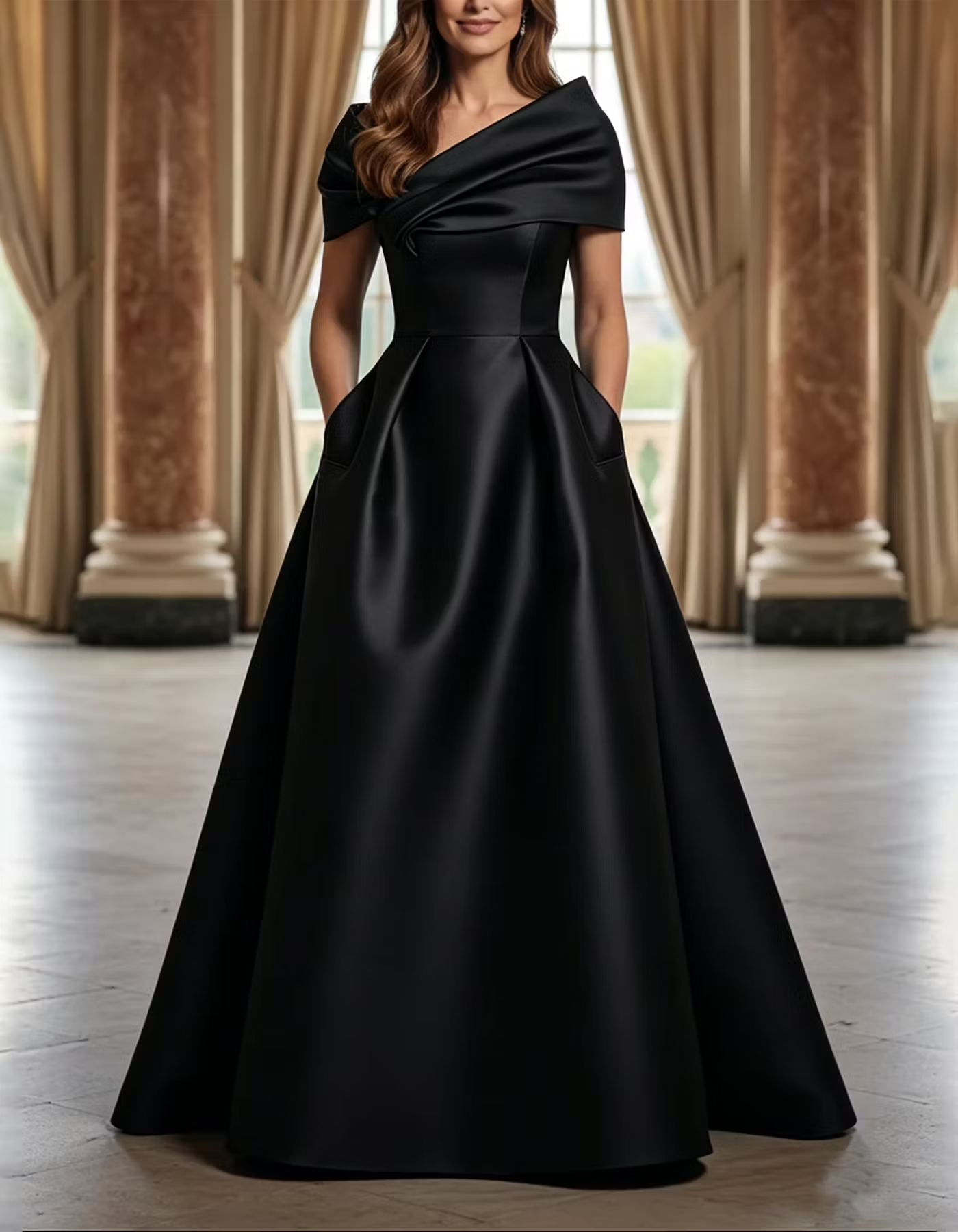 Green Asymmetric Draped Satin A-LineMaxi Dress