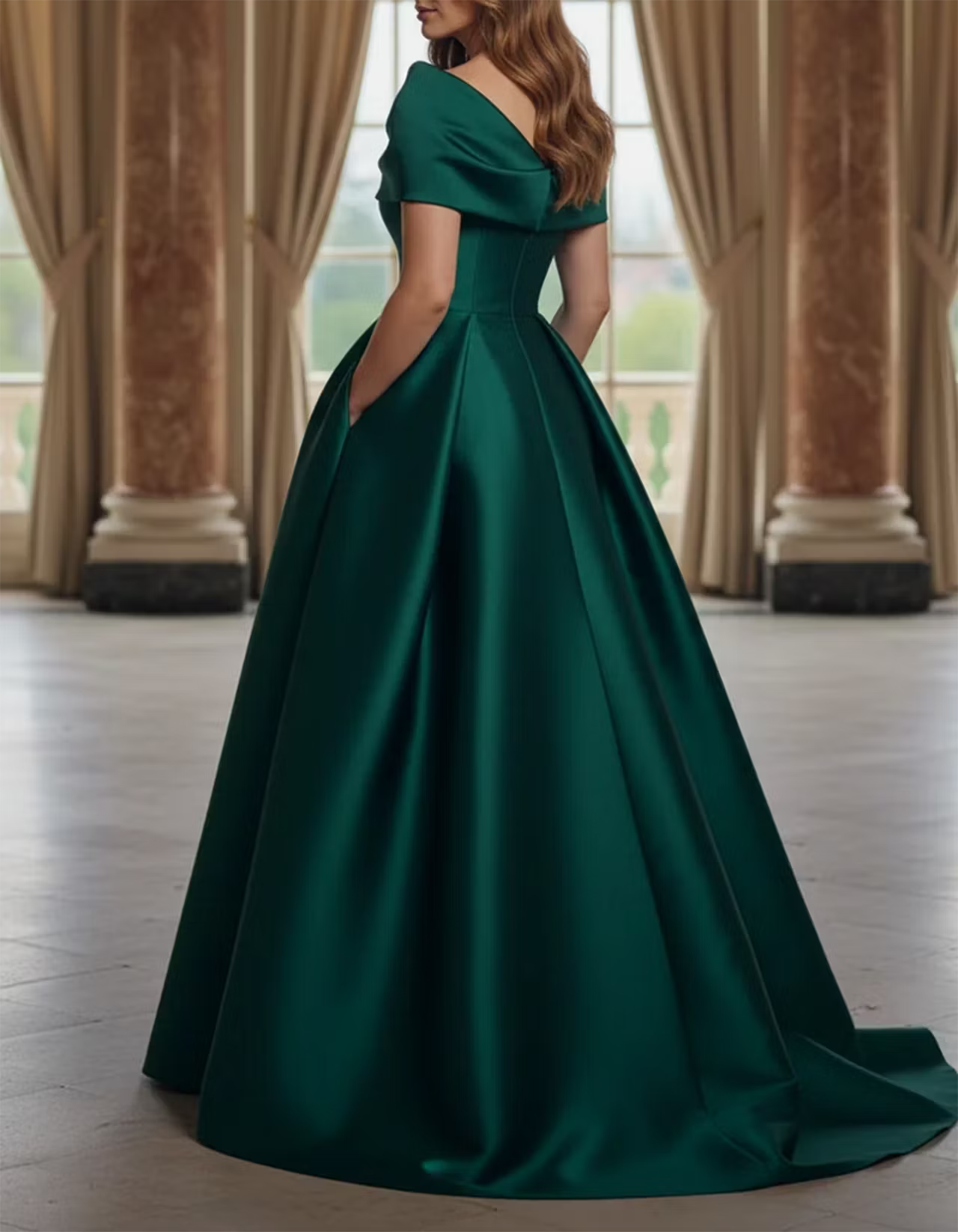 Green Asymmetric Draped Satin A-LineMaxi Dress