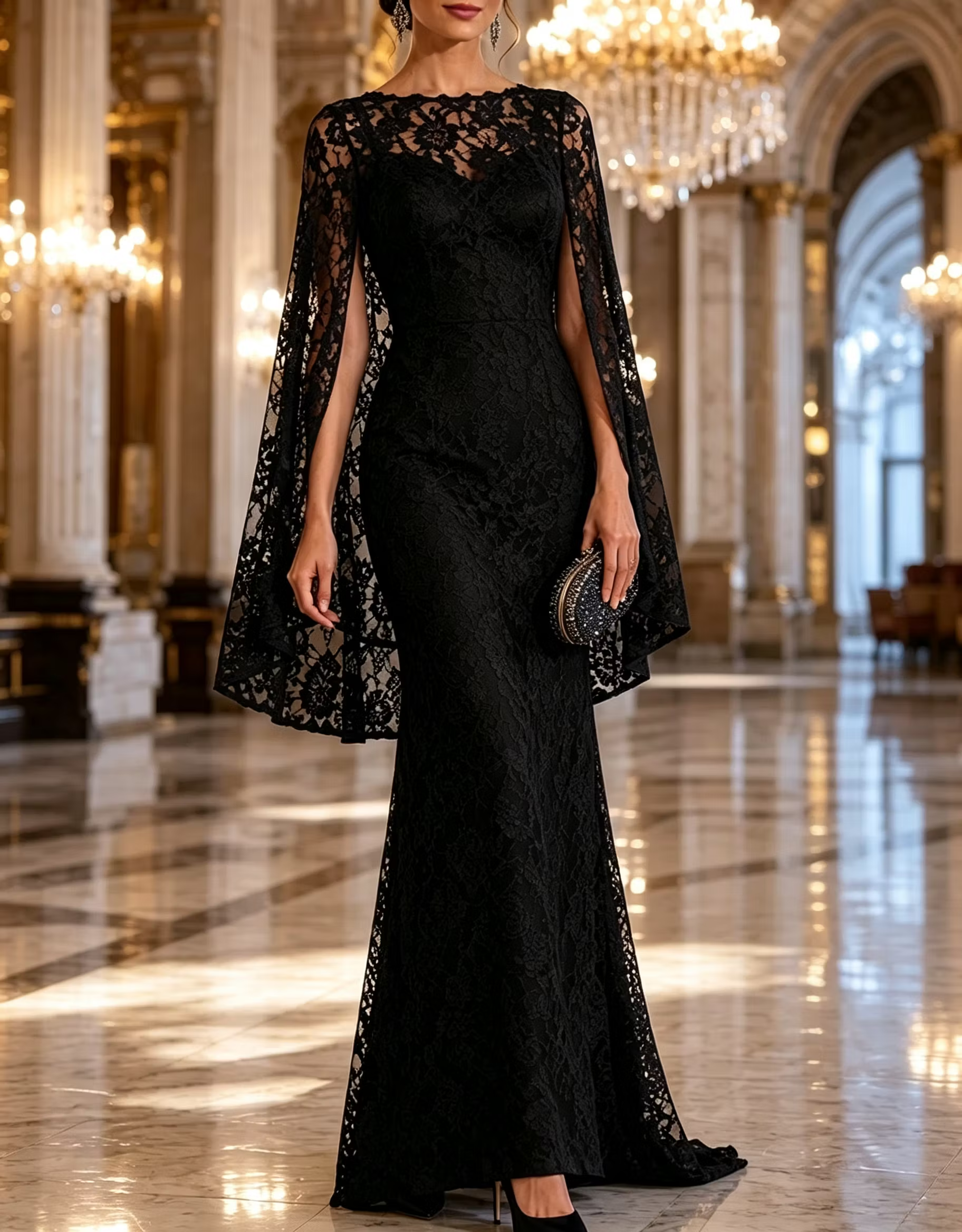 Round Neck Floral Lace Cape Mermaid Evening Maxi Dress