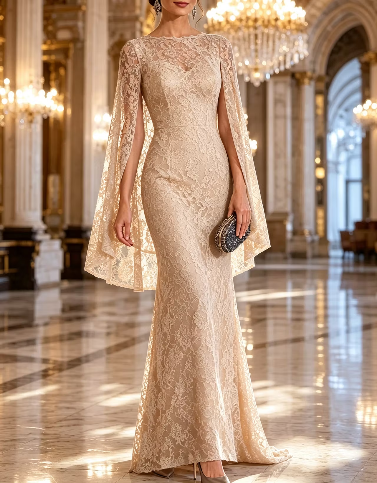 Round Neck Floral Lace Cape Mermaid Evening Maxi Dress