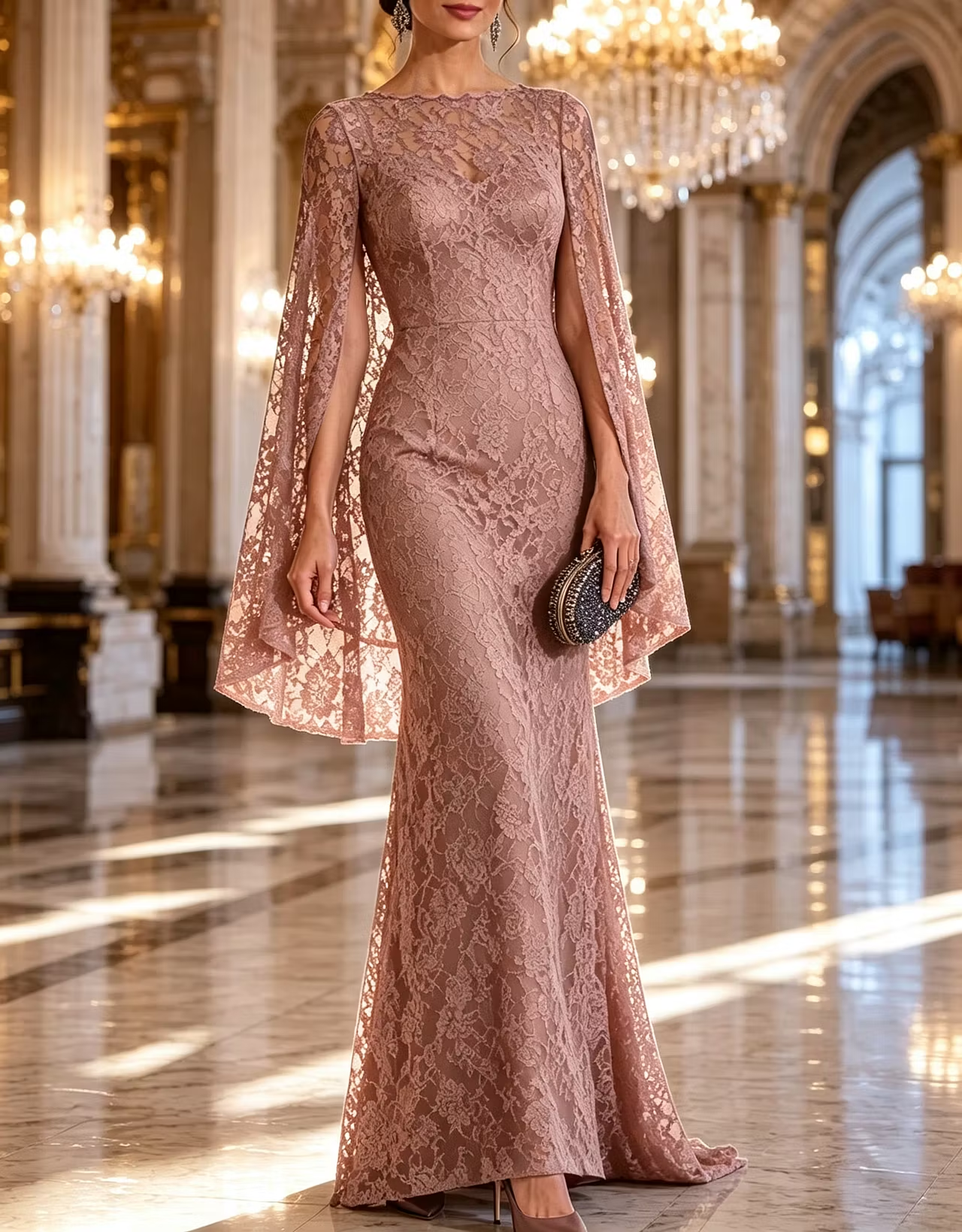 Round Neck Floral Lace Cape Mermaid Evening Maxi Dress