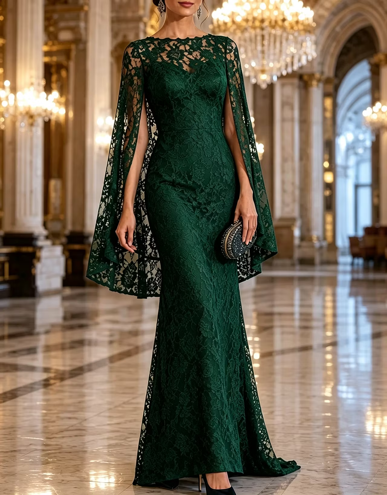 Round Neck Floral Lace Cape Mermaid Evening Maxi Dress