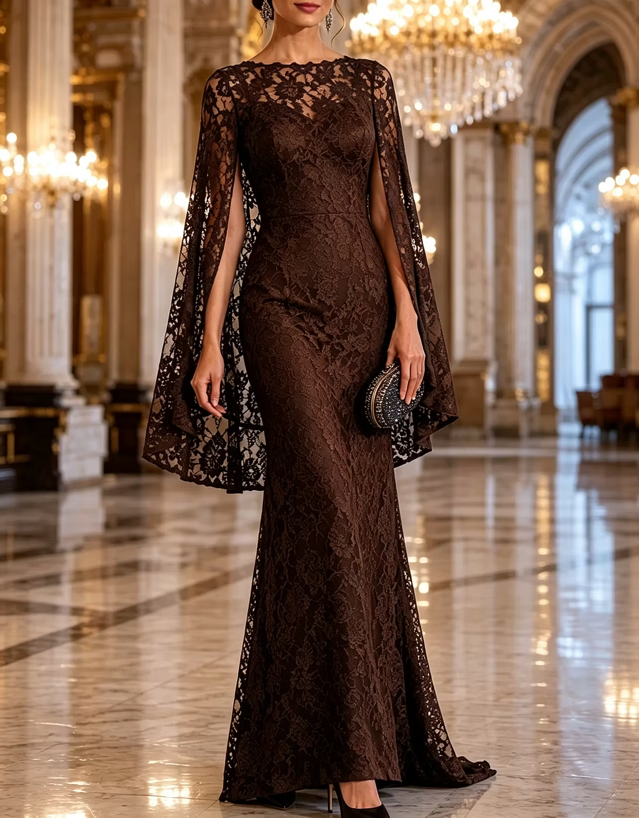 Round Neck Floral Lace Cape Mermaid Evening Maxi Dress