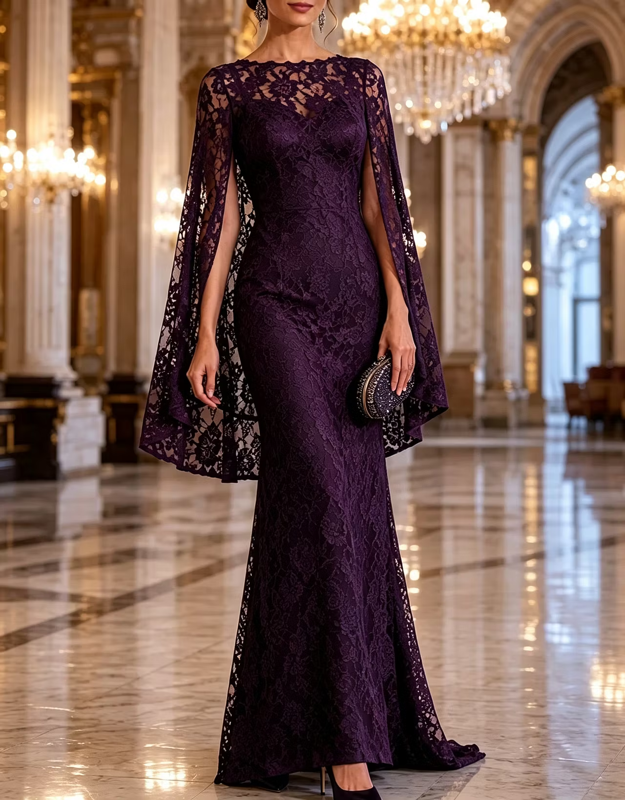 Round Neck Floral Lace Cape Mermaid Evening Maxi Dress