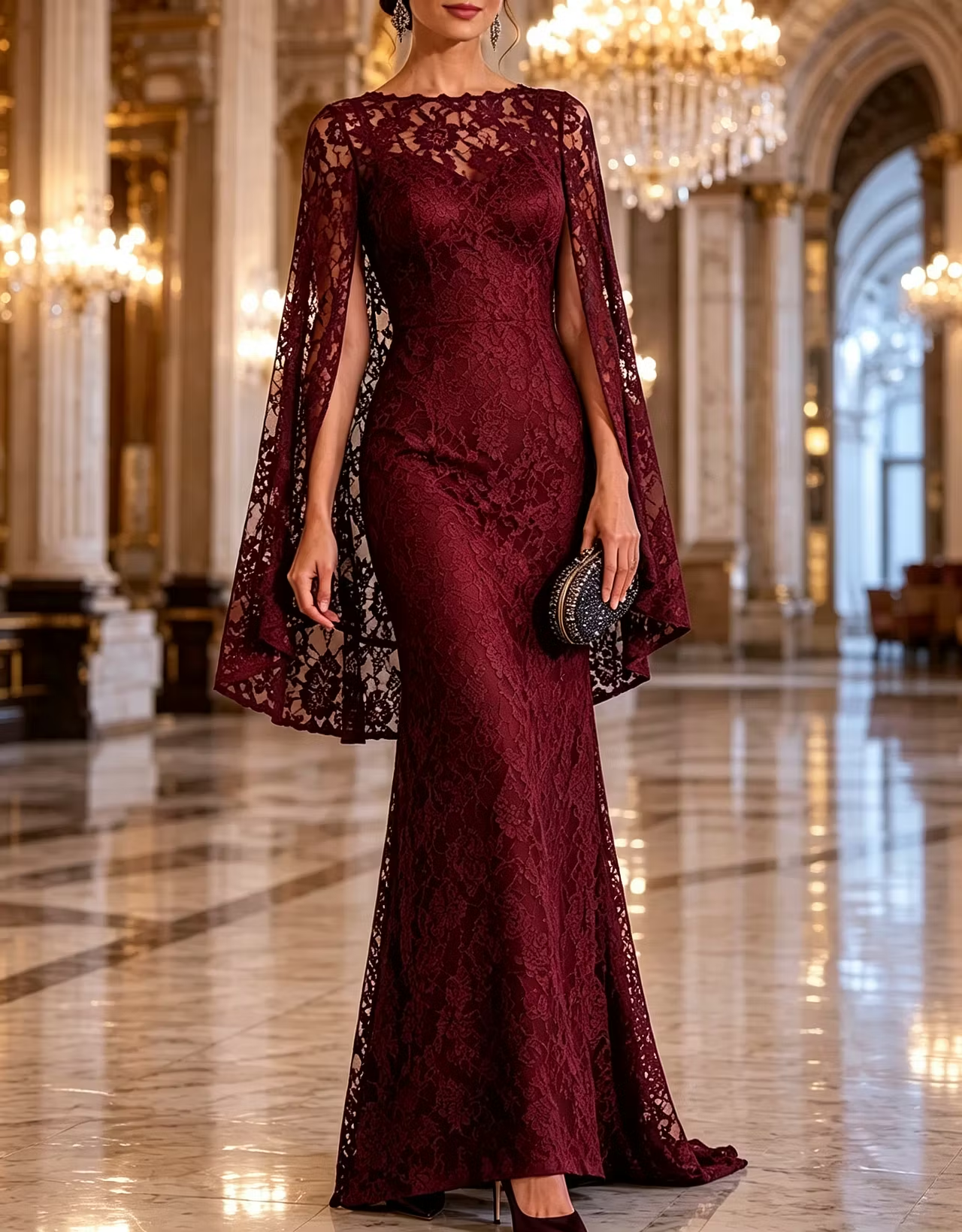 Round Neck Floral Lace Cape Mermaid Evening Maxi Dress