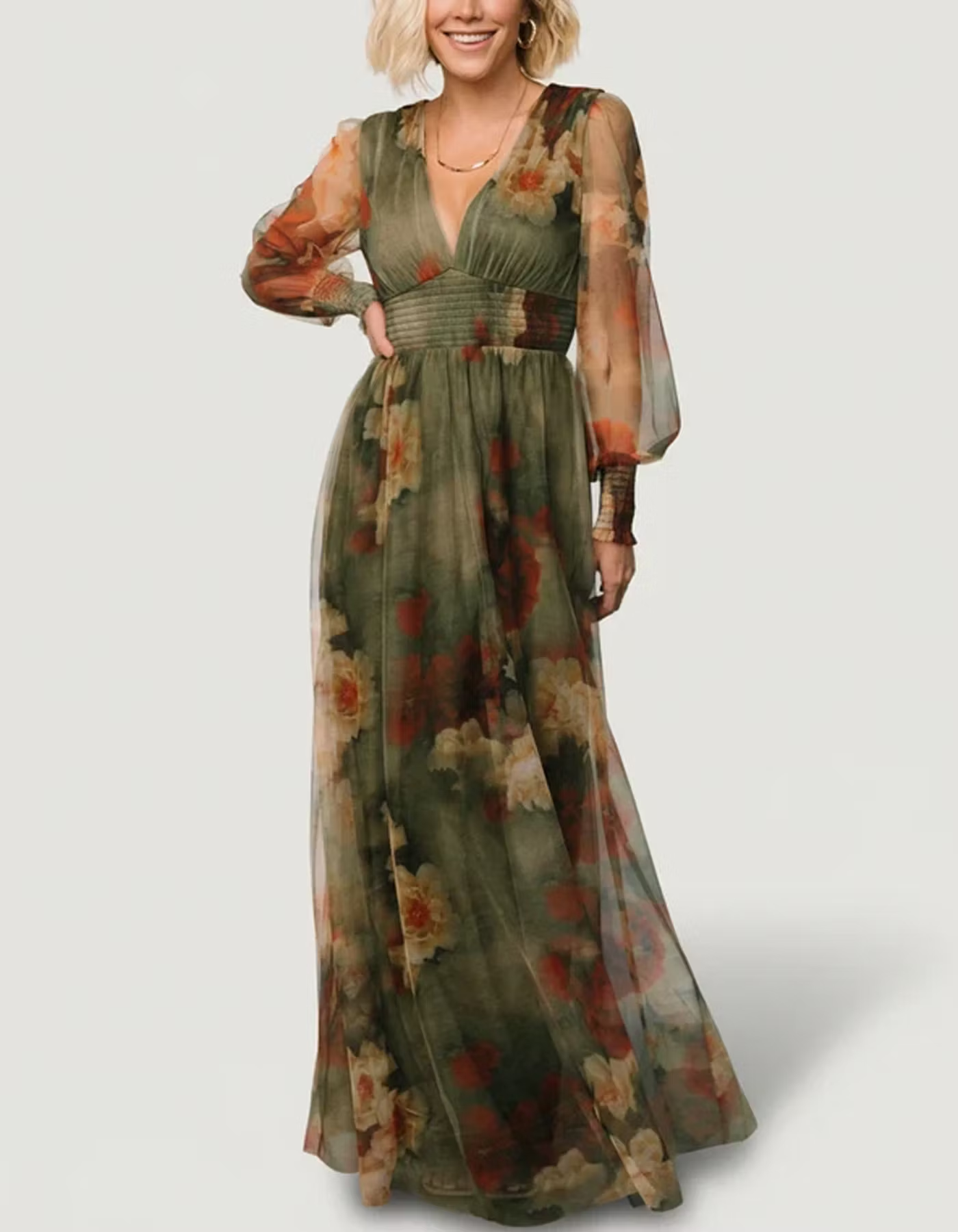 V-neck Floral Tulle Long-sleeved Maxi Dres