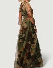 V-neck Floral Tulle Long-sleeved Maxi Dres