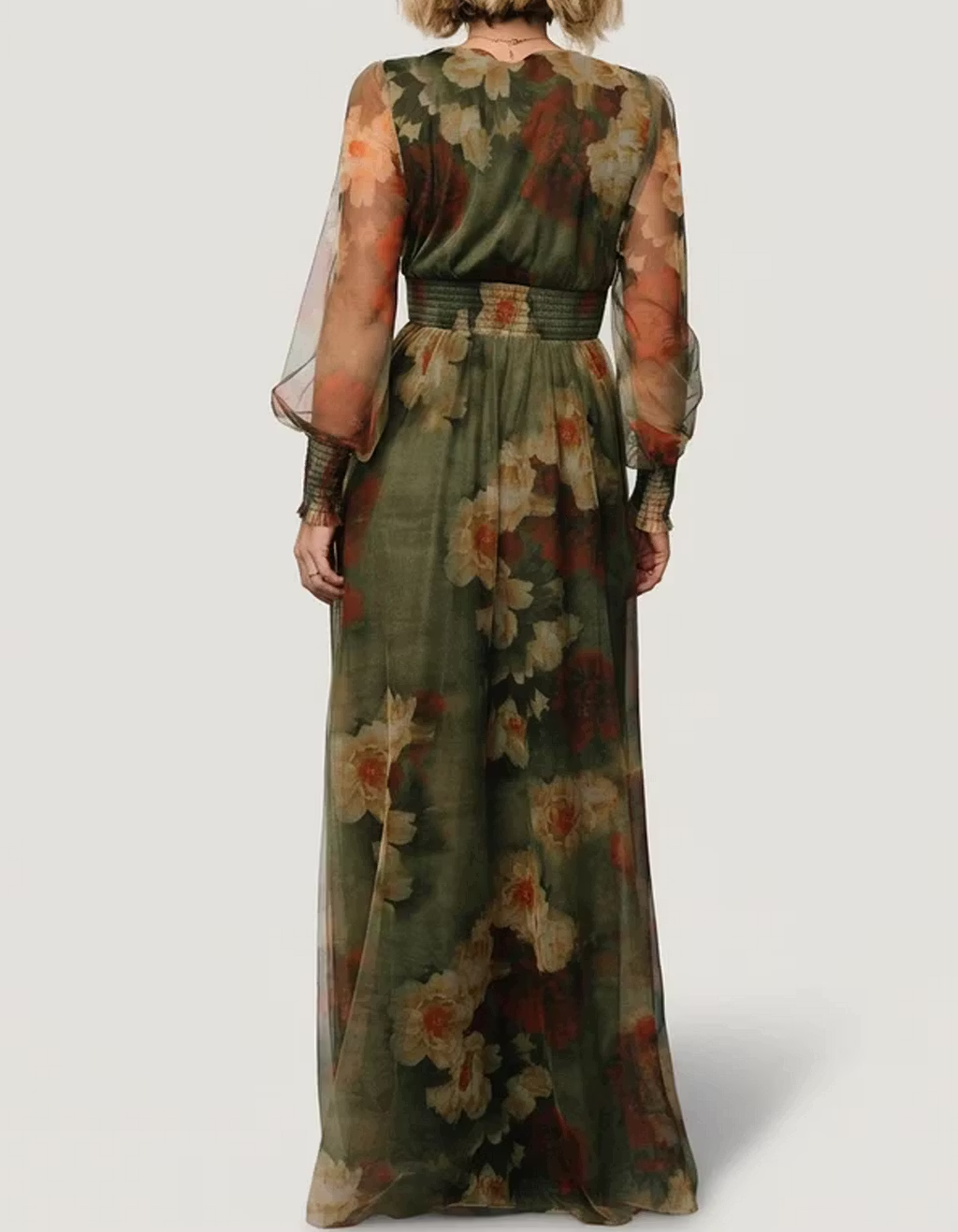 V-neck Floral Tulle Long-sleeved Maxi Dres